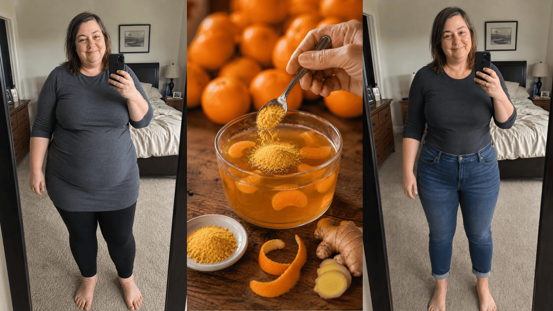 Tania before, the morning ritual, and after — a puffy, swollen face beside a slimmer, defined jawline two months later