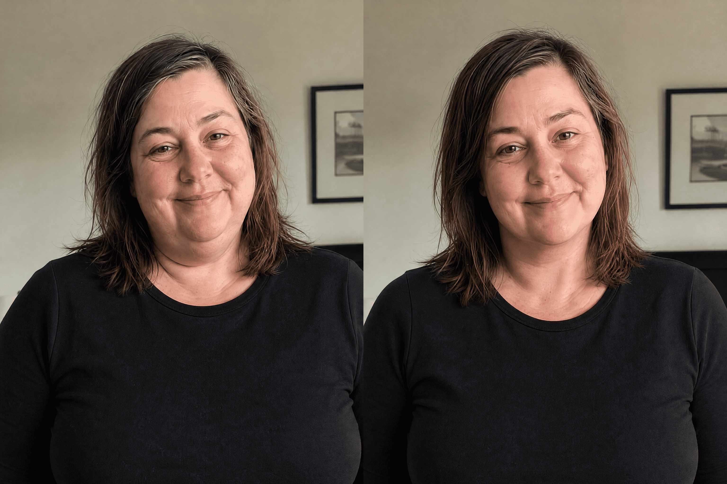 Side-by-side close-up of Tania's face — puffy and undefined versus a sculpted jawline and bright eyes