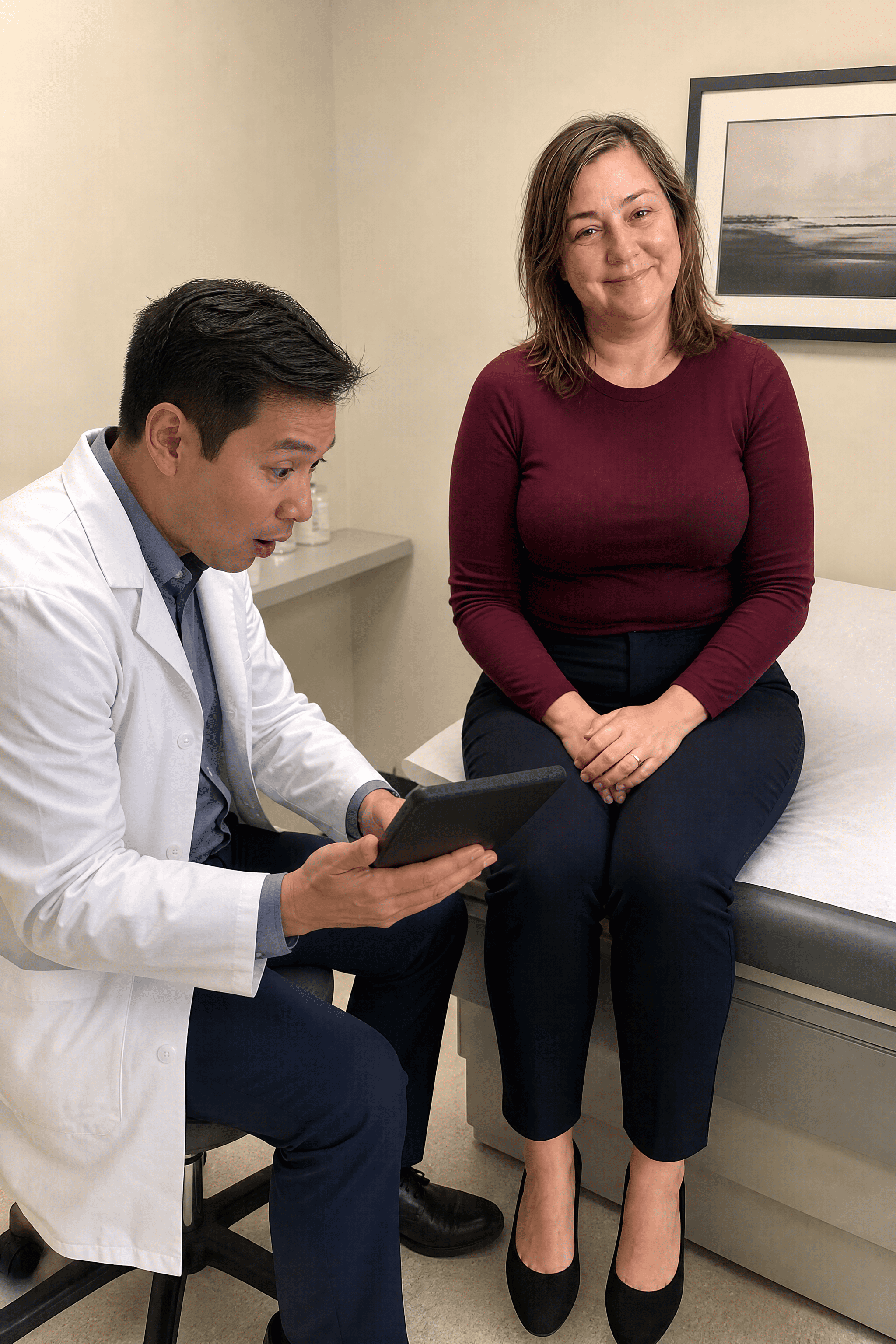 Tania's doctor leaning in on a stool, surprised, reviewing her bloodwork results