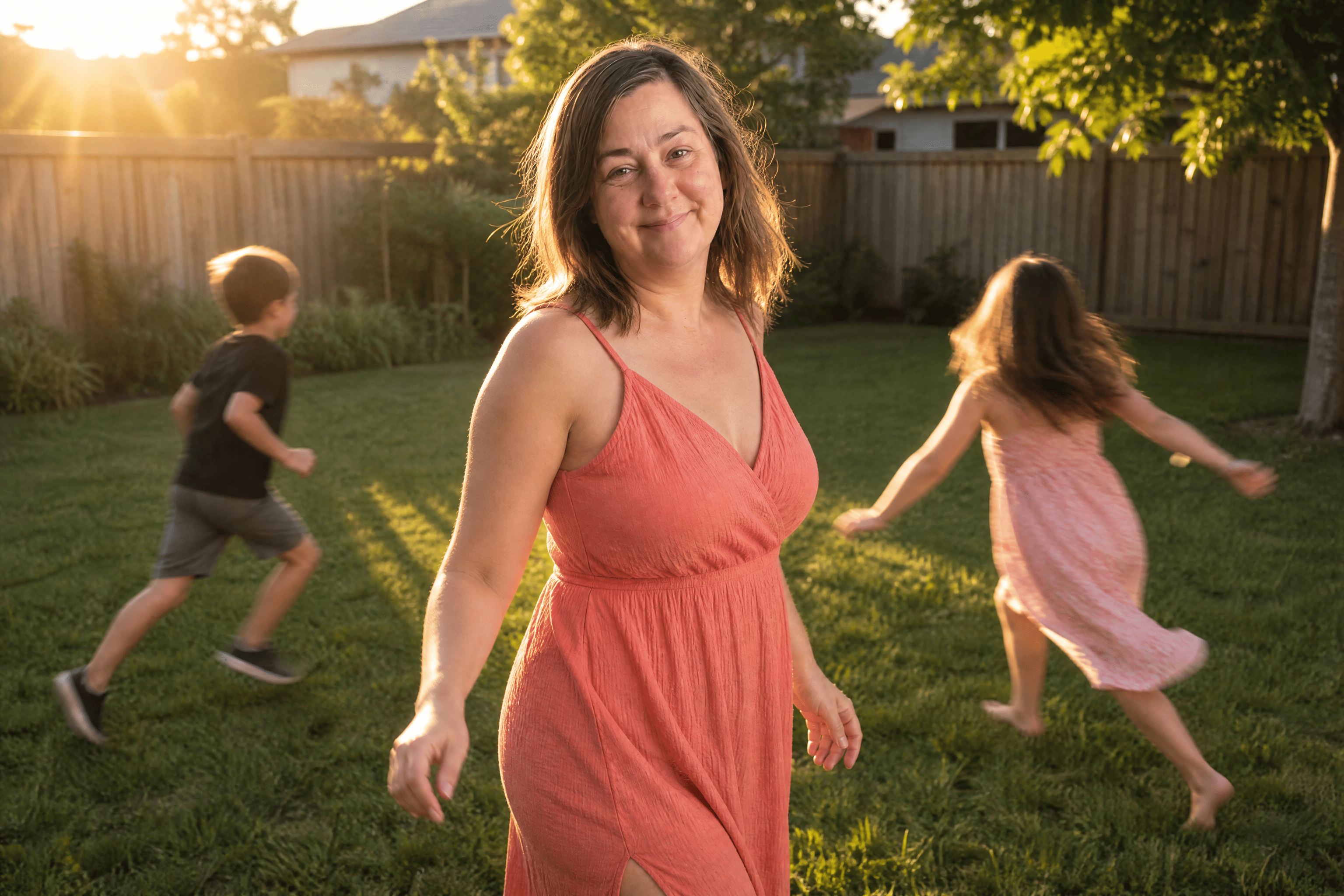 Tania laughing in a sunny backyard, slim-faced and relaxed, kids running around her