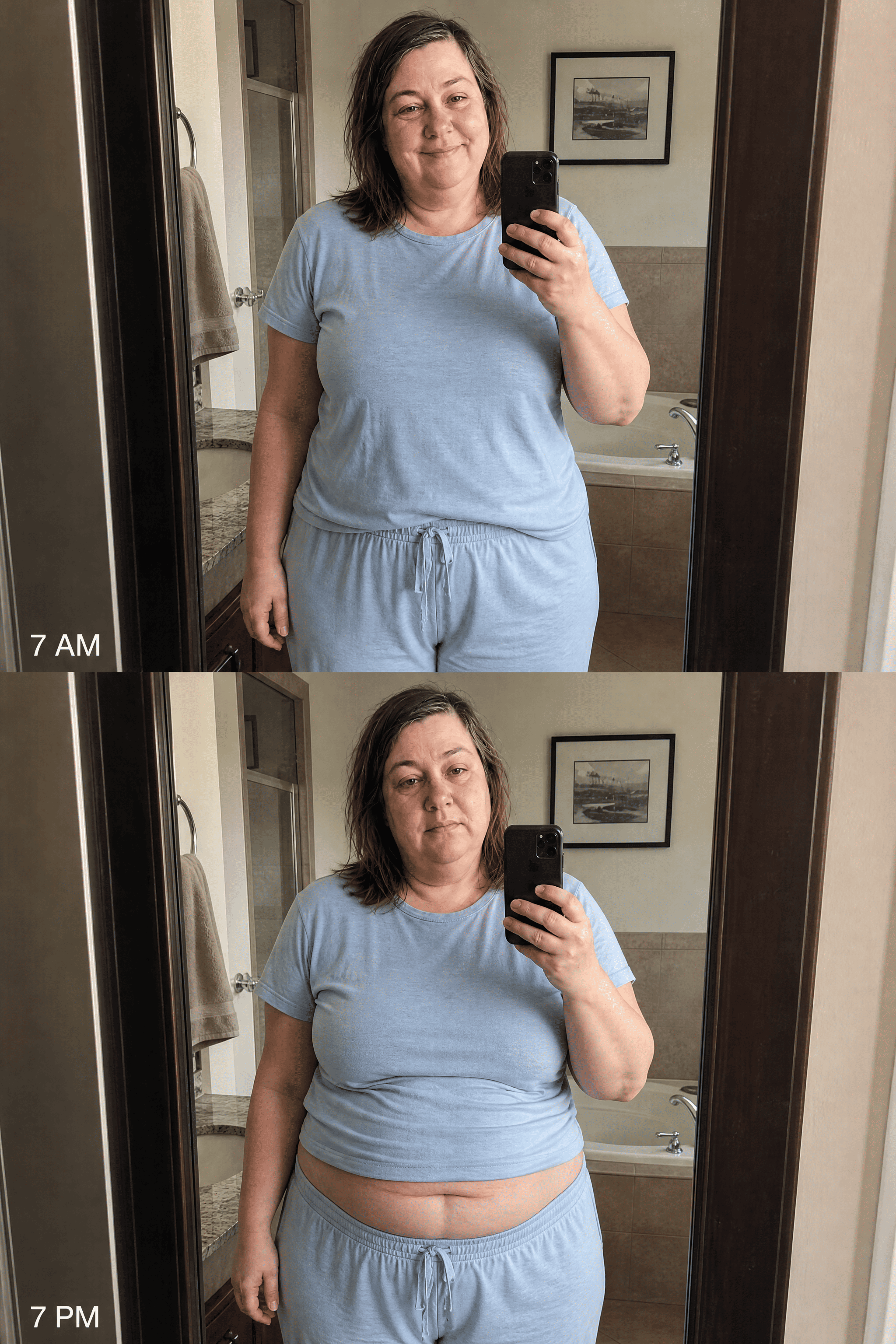Split screen of Tania at 7 a.m. looking flat versus 7 p.m. visibly bloated and puffy in the same pajamas