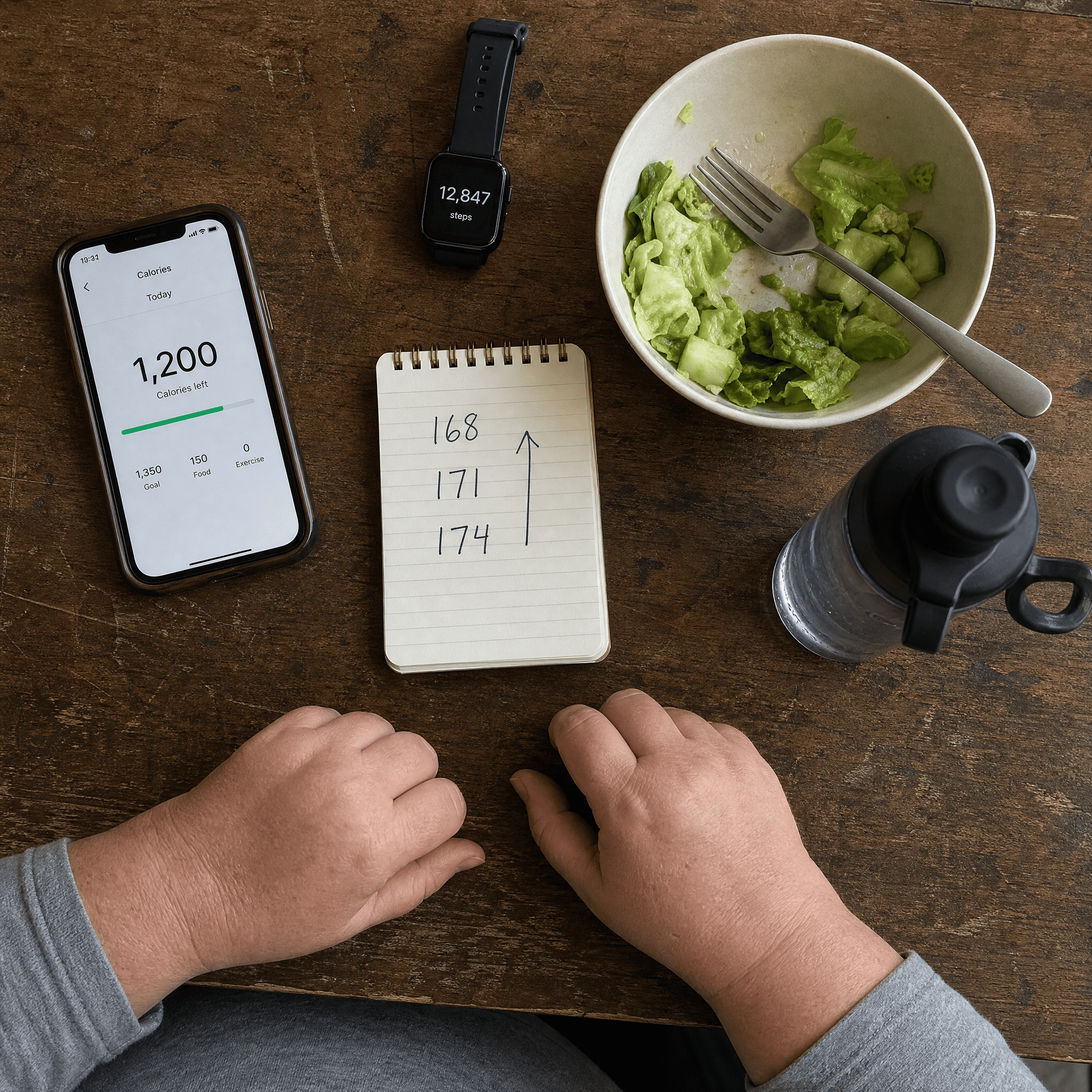 Kitchen flat-lay: a 1,200-calorie food log on a phone, a step tracker, a salad, and a notebook of rising weights