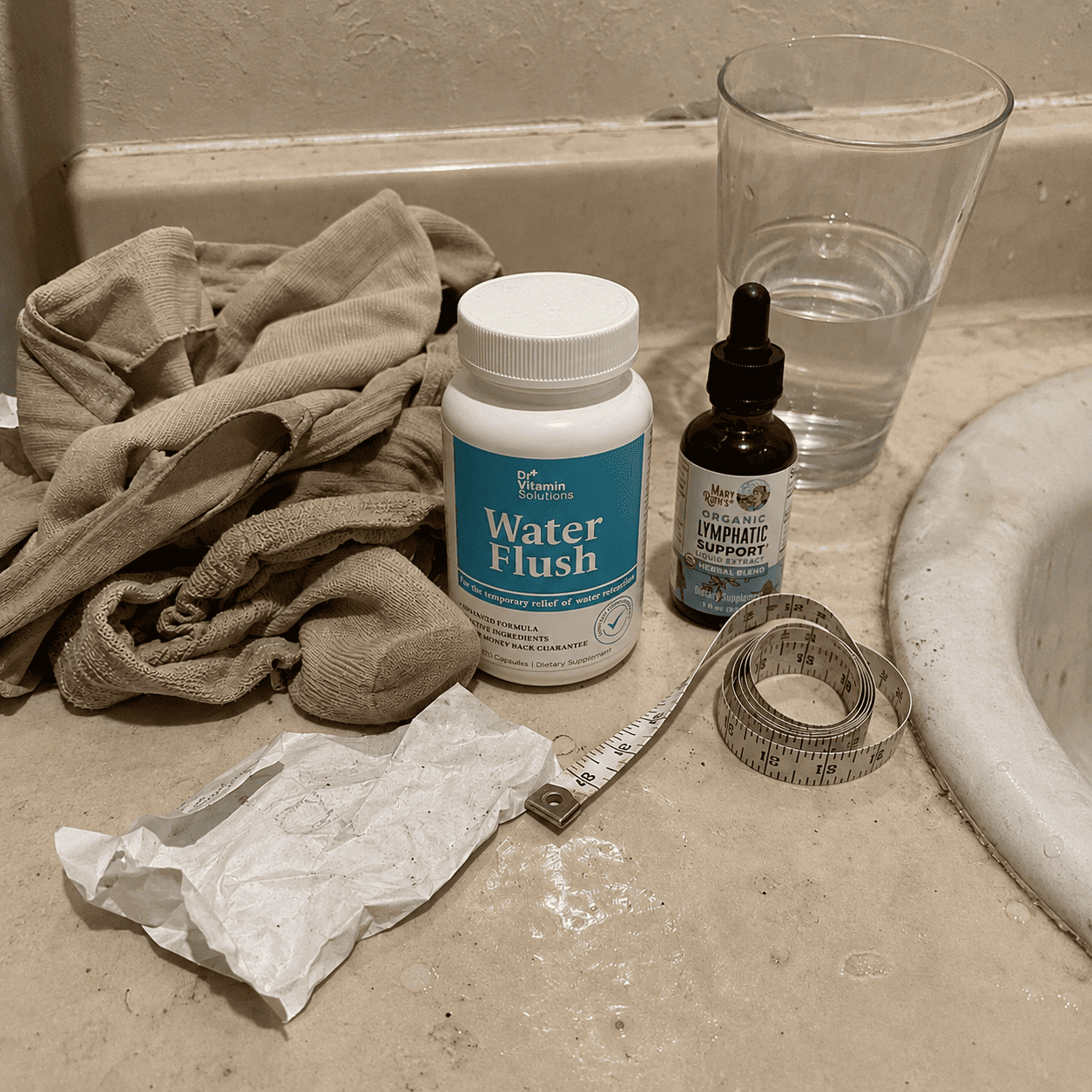 Bathroom counter cluttered with compression stockings, a water-pill bottle, de-bloat drops and a crumpled receipt