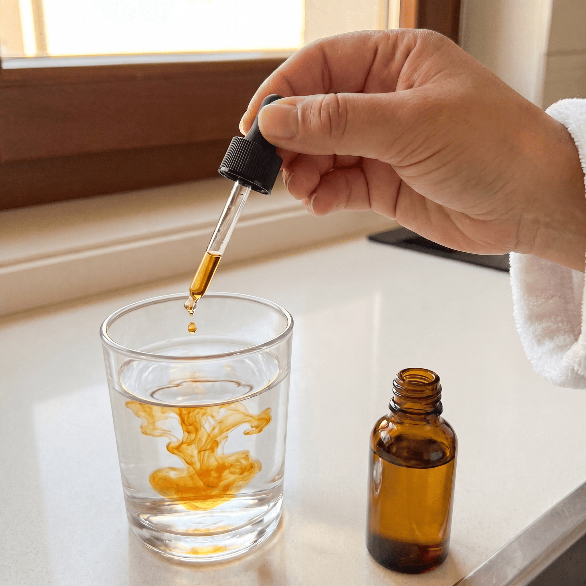 Tania's hand adding a few drops of golden liquid into a glass of water on a kitchen counter